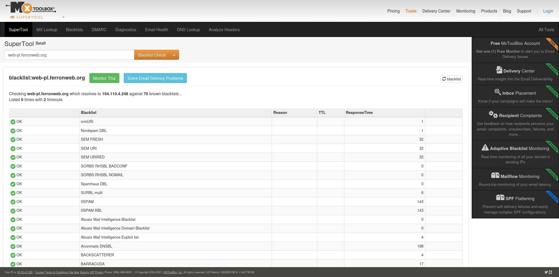 One of the VPS servers from awHost (that hosts Ferron website) doesn&#x27;t appear to be on the blocklist